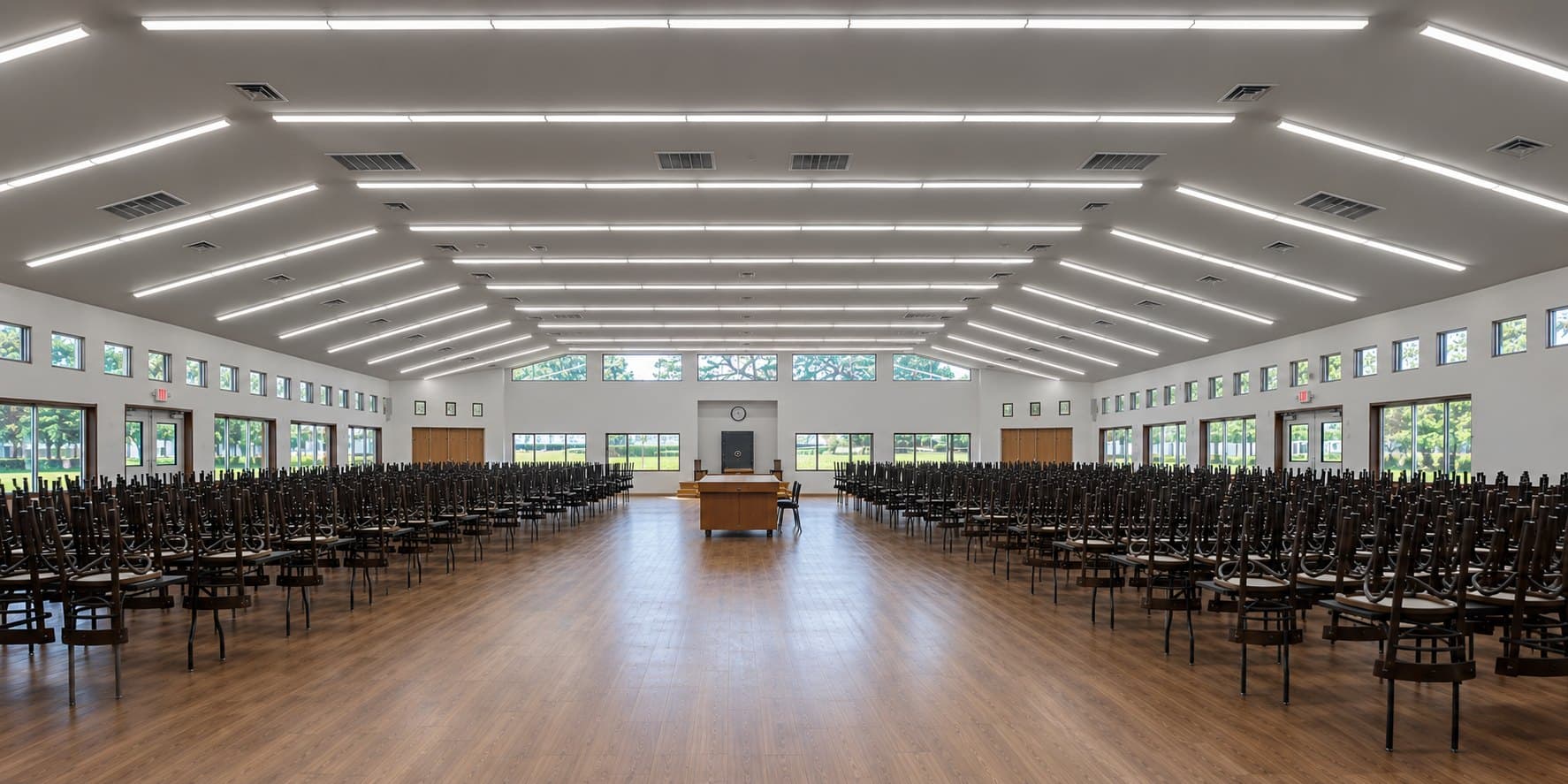 A wide clear-span beis medrash, rows of chairs either side of a central aisle under continuous linear lighting