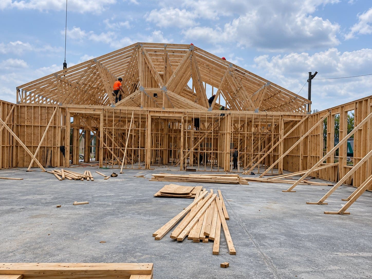 A large timber-framed building on a concrete slab, roof trusses going up with a framer working on top and lumber stacked in front